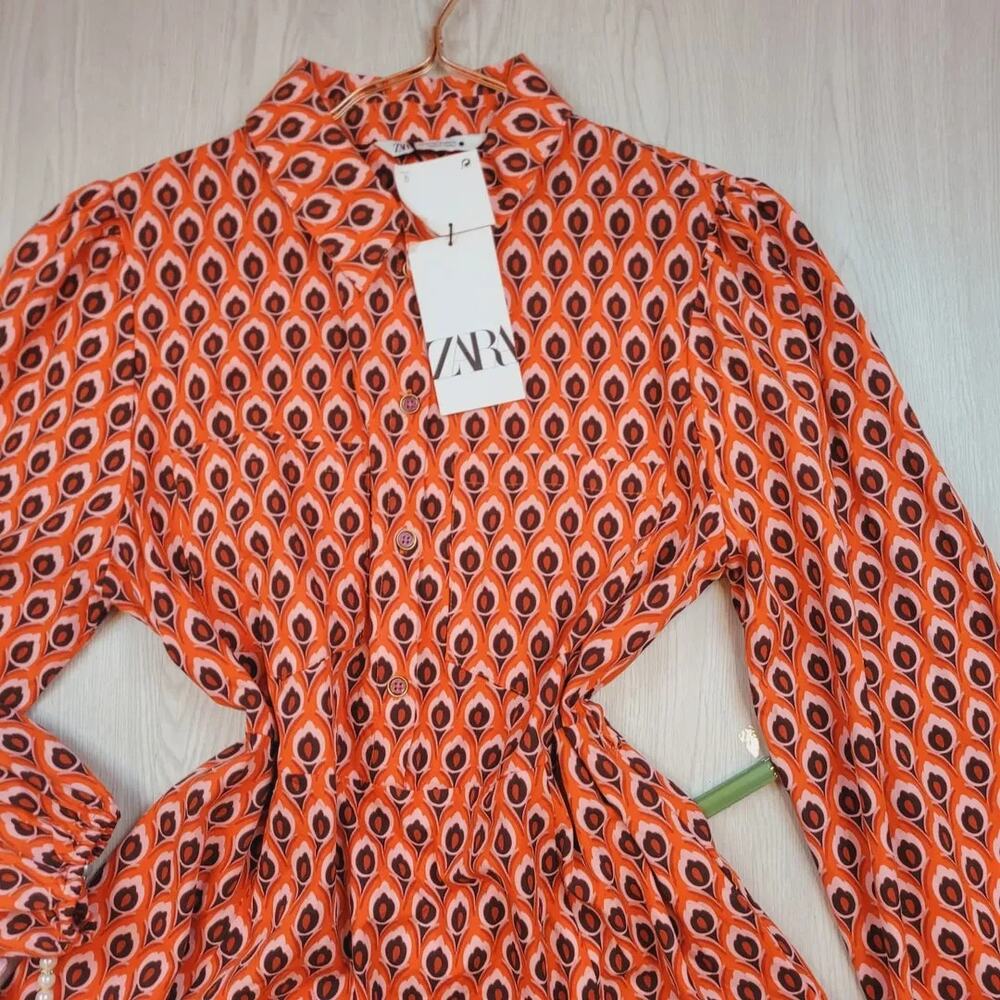 ZARA Cotton Geometric Print Belted Shirt Dress Mini NWT - Picture 15 of 16